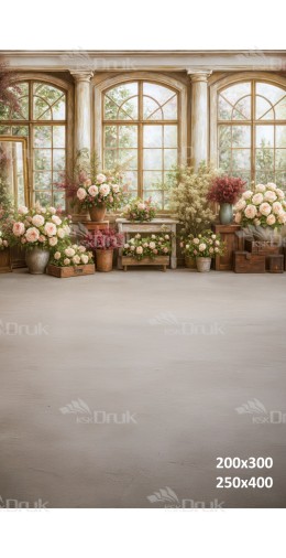 Tło fotograficzne z eleganckim oknem i kwiatową aranżacją w odcieniach różu i kremu | 3762